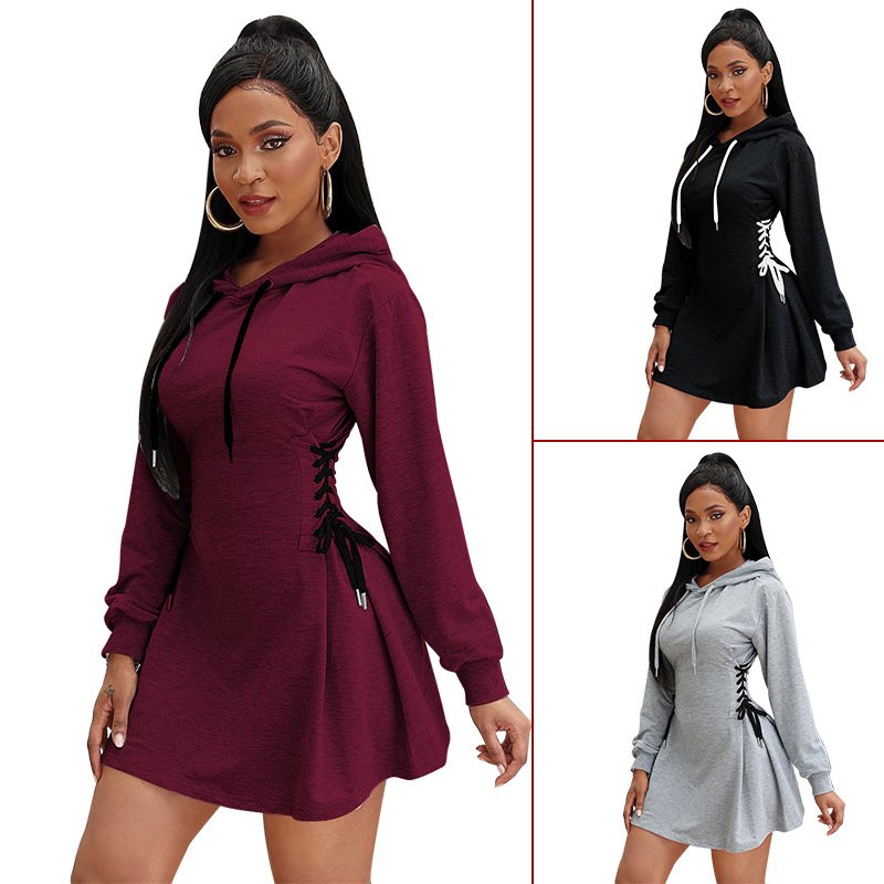 Women's Long Sleeve Sweatshirt Crop Drawstring Hoodie Tight Dress