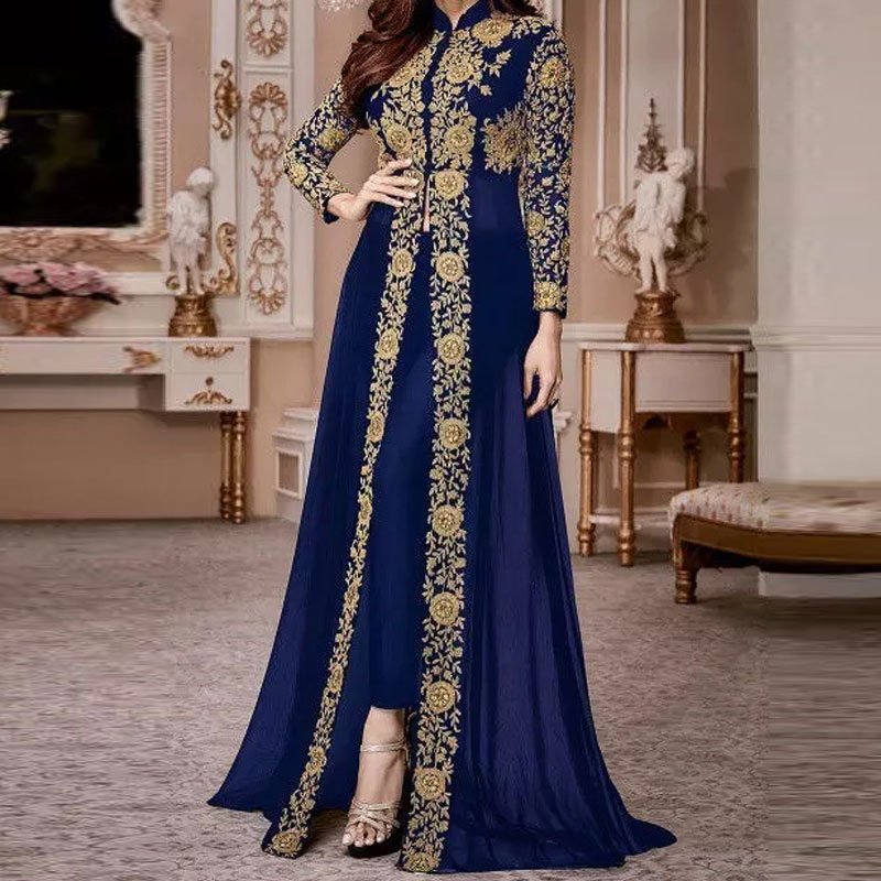 Best Selling S-5XL Moroccan Women's Kaftan Long Sleeve Arabic Evening Dress Set Dubai Monsoon Abaya Print New Design Muslim Prom