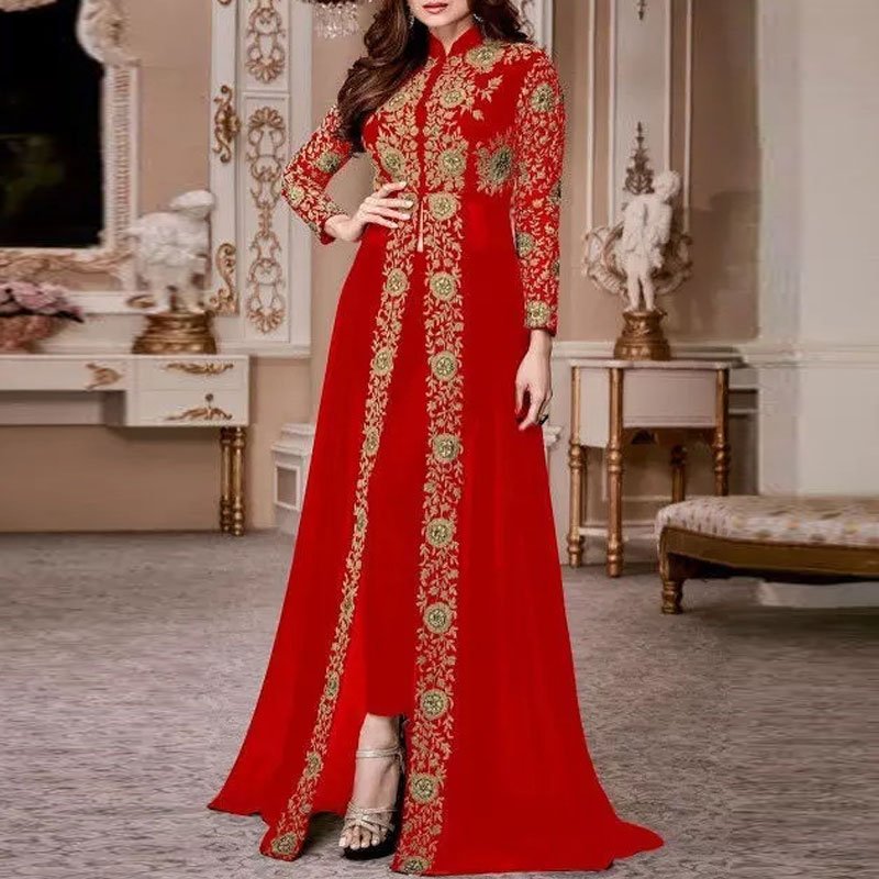 Best Selling S-5XL Moroccan Women's Kaftan Long Sleeve Arabic Evening Dress Set Dubai Monsoon Abaya Print New Design Muslim Prom