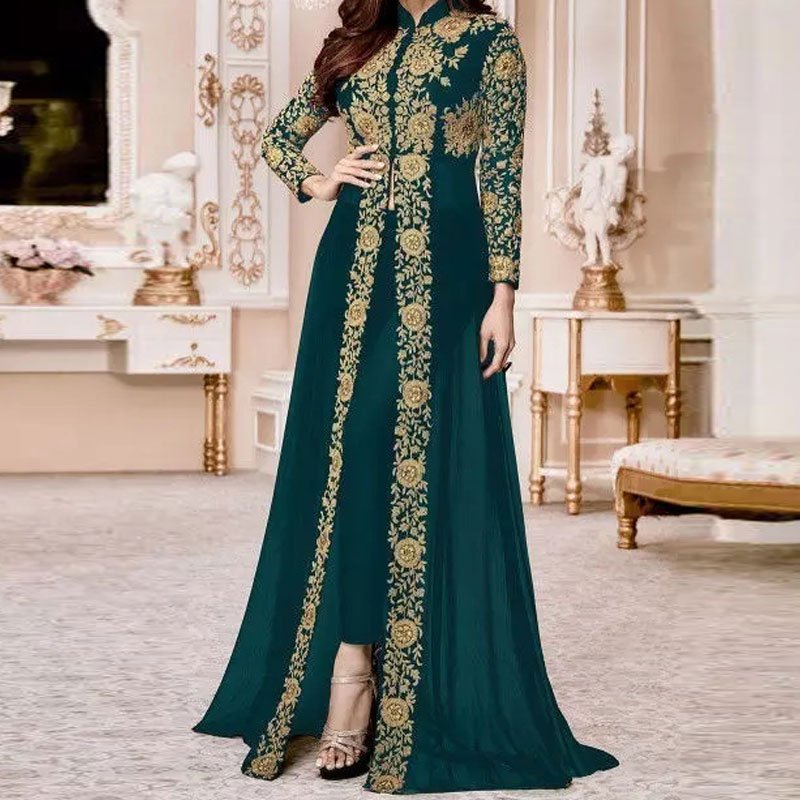 Best Selling S-5XL Moroccan Women's Kaftan Long Sleeve Arabic Evening Dress Set Dubai Monsoon Abaya Print New Design Muslim Prom
