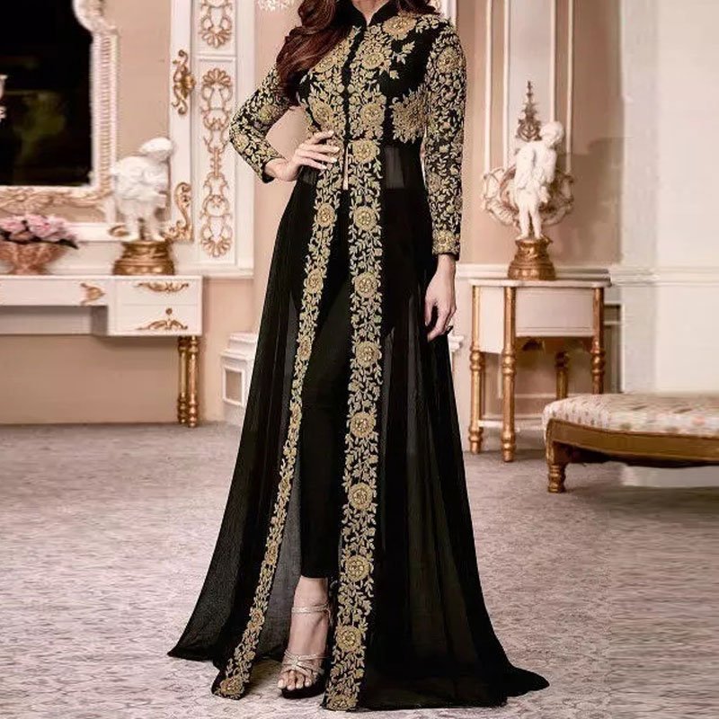 Best Selling S-5XL Moroccan Women's Kaftan Long Sleeve Arabic Evening Dress Set Dubai Monsoon Abaya Print New Design Muslim Prom