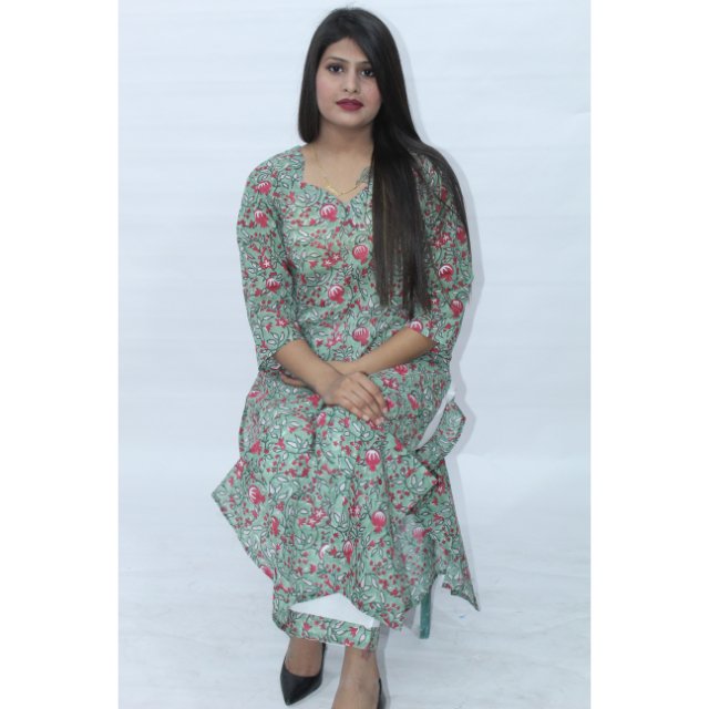 Indian Women's Cotton Printed Ethnic Top Tunic Dress Set Casual Summer Wear Korean Sleeved Pattern Kurti Pant Daily Vacation