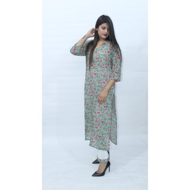 Indian Women's Cotton Printed Ethnic Top Tunic Dress Set Casual Summer Wear Korean Sleeved Pattern Kurti Pant Daily Vacation