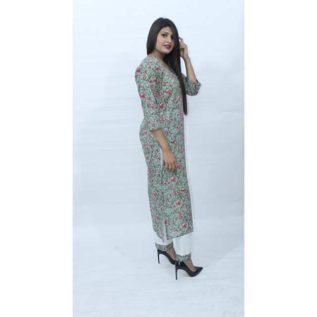 Indian Women's Cotton Printed Ethnic Top Tunic Dress Set Casual Summer Wear Korean Sleeved Pattern Kurti Pant Daily Vacation
