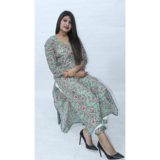 Indian Women's Cotton Printed Ethnic Top Tunic Dress Set Casual Summer Wear Korean Sleeved Pattern Kurti Pant Daily Vacation
