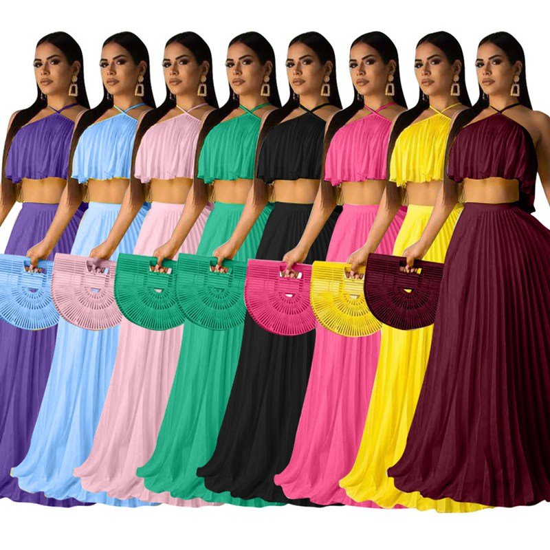 Y220215 Summer Chiffon Two Piece Long Dress Women Elegant 2 Piece Set Crop Top and Skirt Set Sexy Sleeveless Beach Party Outfit