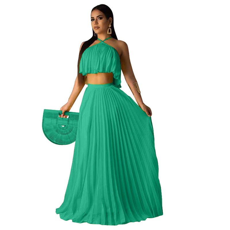 Y220215 Summer Chiffon Two Piece Long Dress Women Elegant 2 Piece Set Crop Top and Skirt Set Sexy Sleeveless Beach Party Outfit