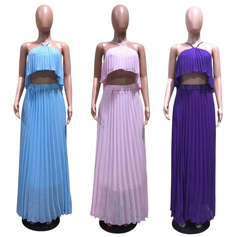 Y220215 Summer Chiffon Two Piece Long Dress Women Elegant 2 Piece Set Crop Top and Skirt Set Sexy Sleeveless Beach Party Outfit
