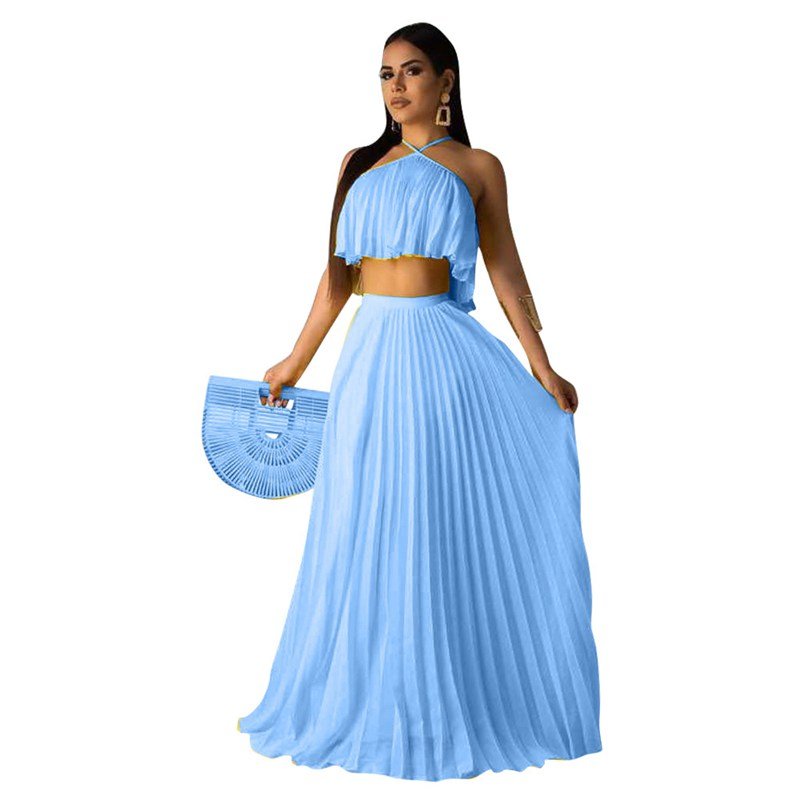 Y220215 Summer Chiffon Two Piece Long Dress Women Elegant 2 Piece Set Crop Top and Skirt Set Sexy Sleeveless Beach Party Outfit