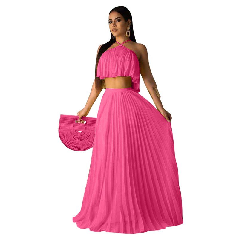 Y220215 Summer Chiffon Two Piece Long Dress Women Elegant 2 Piece Set Crop Top and Skirt Set Sexy Sleeveless Beach Party Outfit