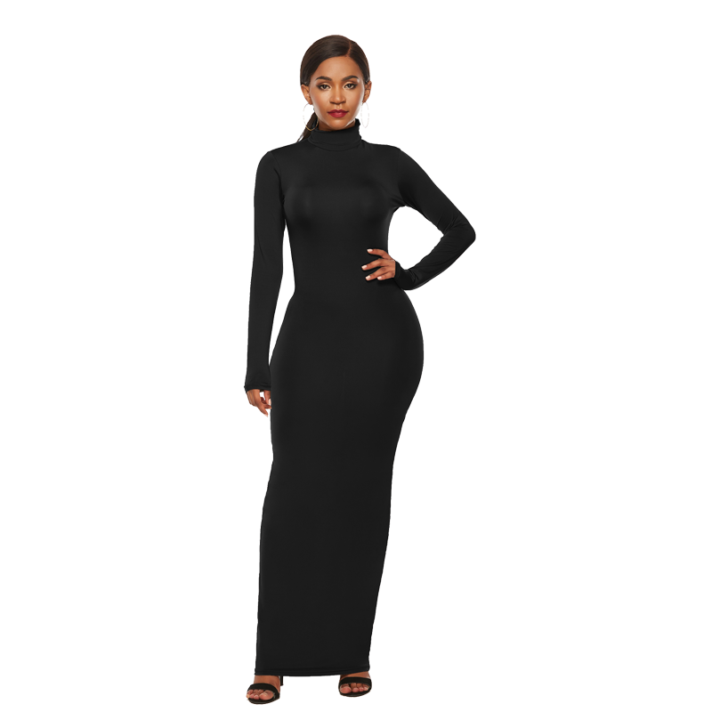 Long Sleeve Stretch Slim Turtleneck Dress Women's Sexy Fashion Solid Color Long Dress Sexy Long Dress