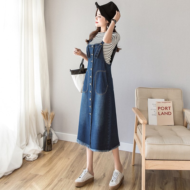 Women Denim Strap Dress High Waist Sleeveless A-Line Jean Maxi Dresses Spring Summer Solid Color Dress