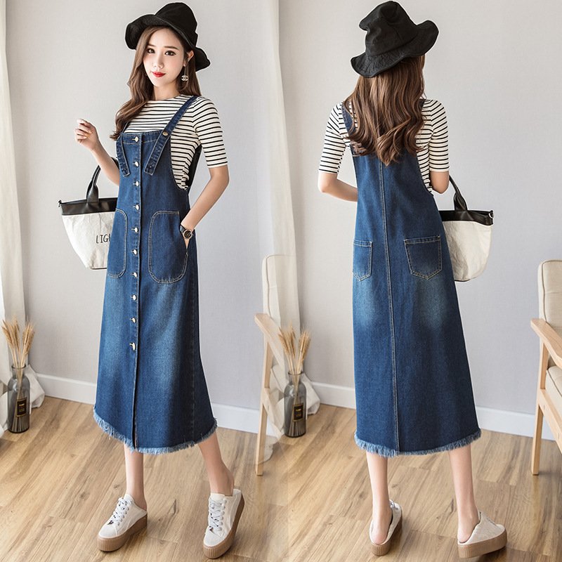 Women Denim Strap Dress High Waist Sleeveless A-Line Jean Maxi Dresses Spring Summer Solid Color Dress