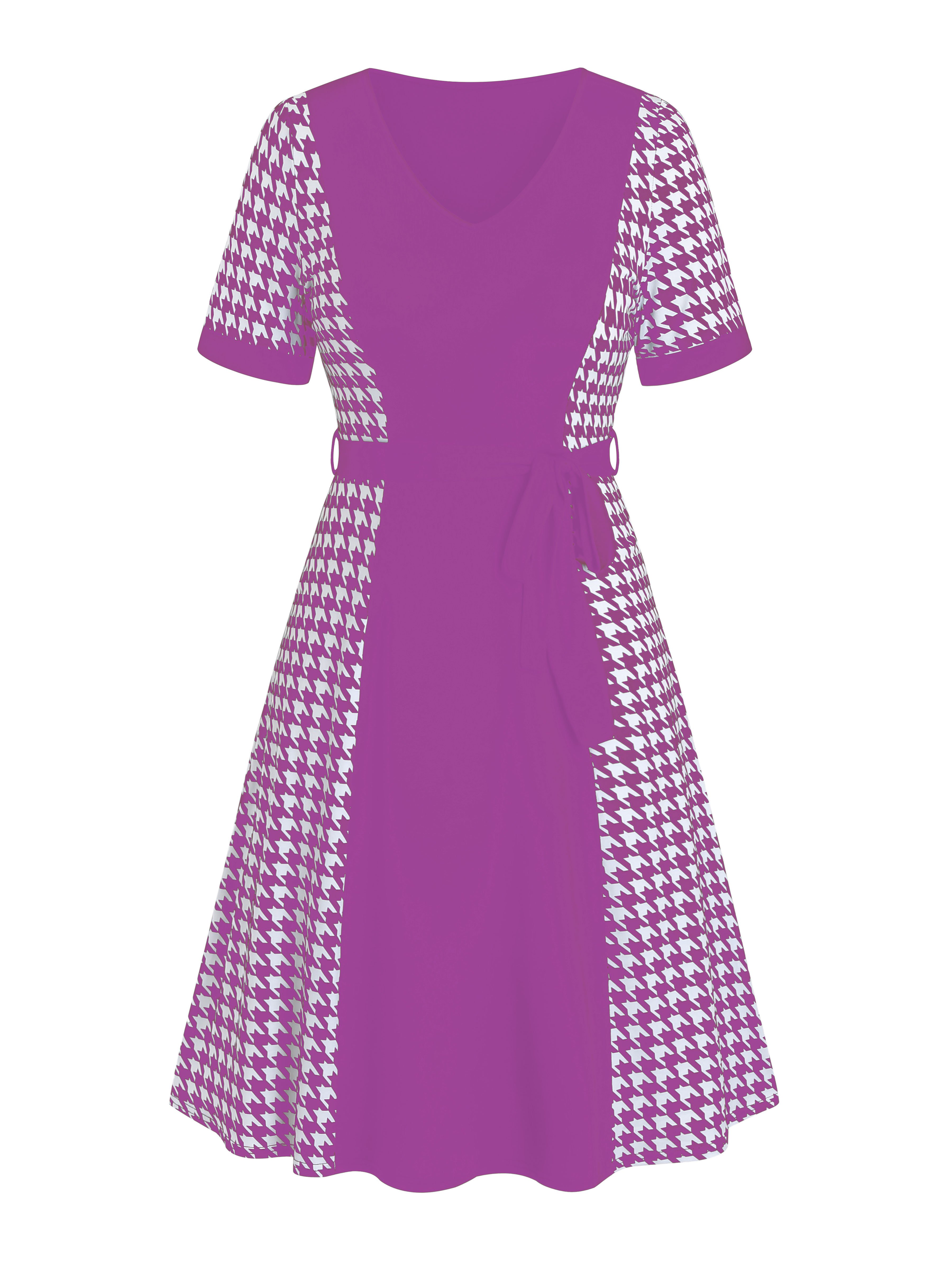 Custom OEM ODM career ladies Houndstooth jacquard Belted Dress summer V Neck Short Sleeve knitted Dress