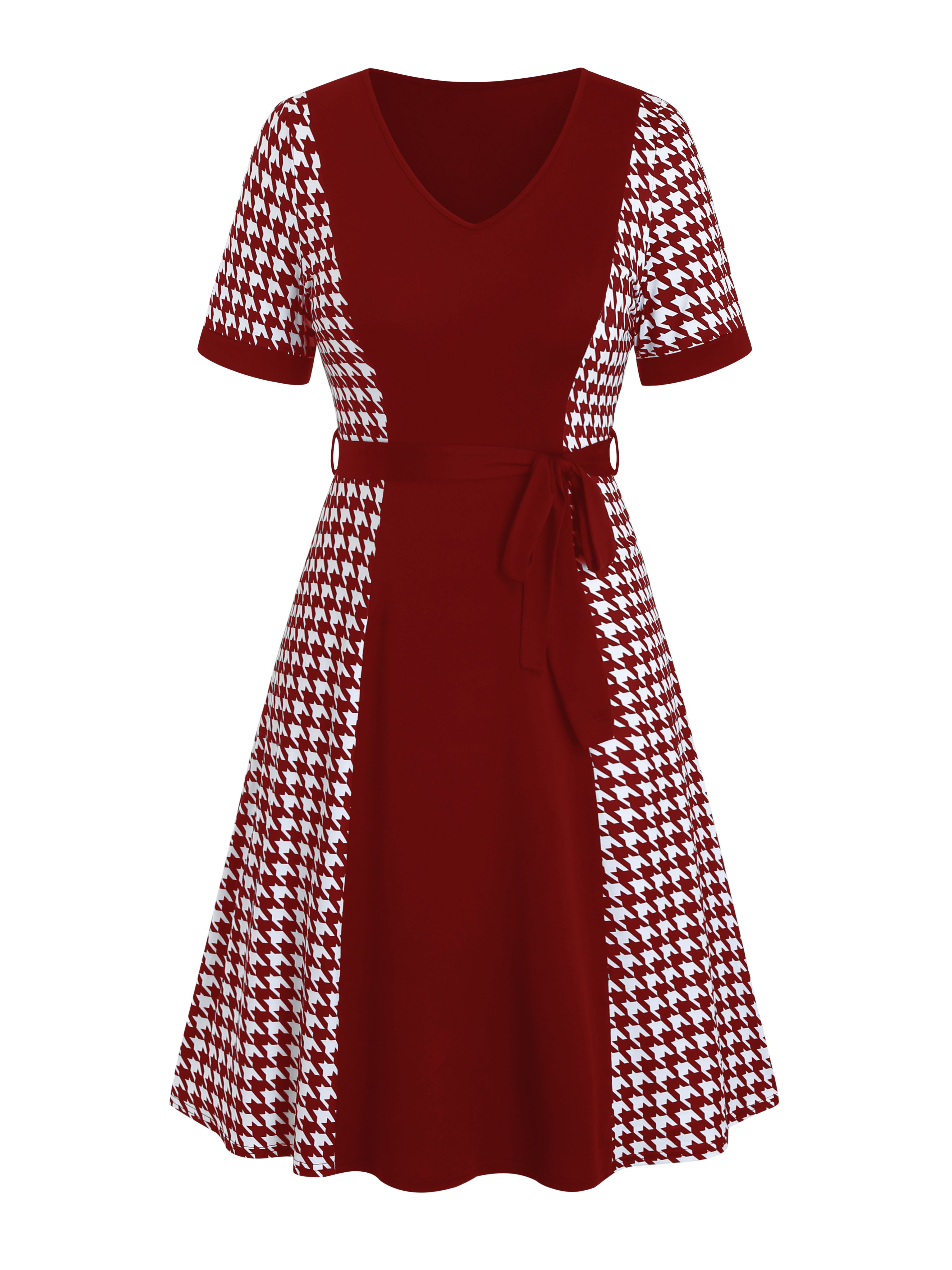 Custom OEM ODM career ladies Houndstooth jacquard Belted Dress summer V Neck Short Sleeve knitted Dress