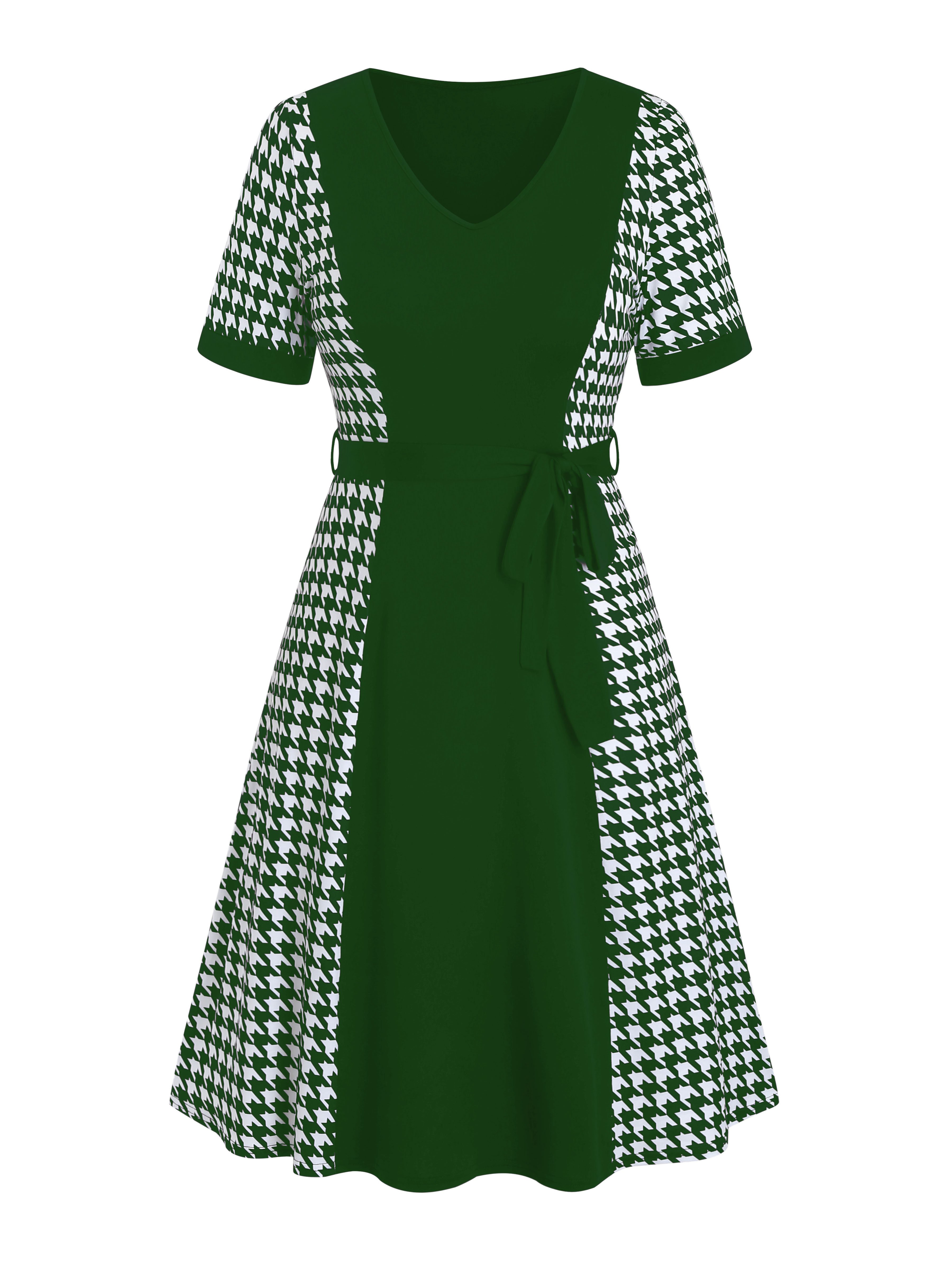 Custom OEM ODM career ladies Houndstooth jacquard Belted Dress summer V Neck Short Sleeve knitted Dress