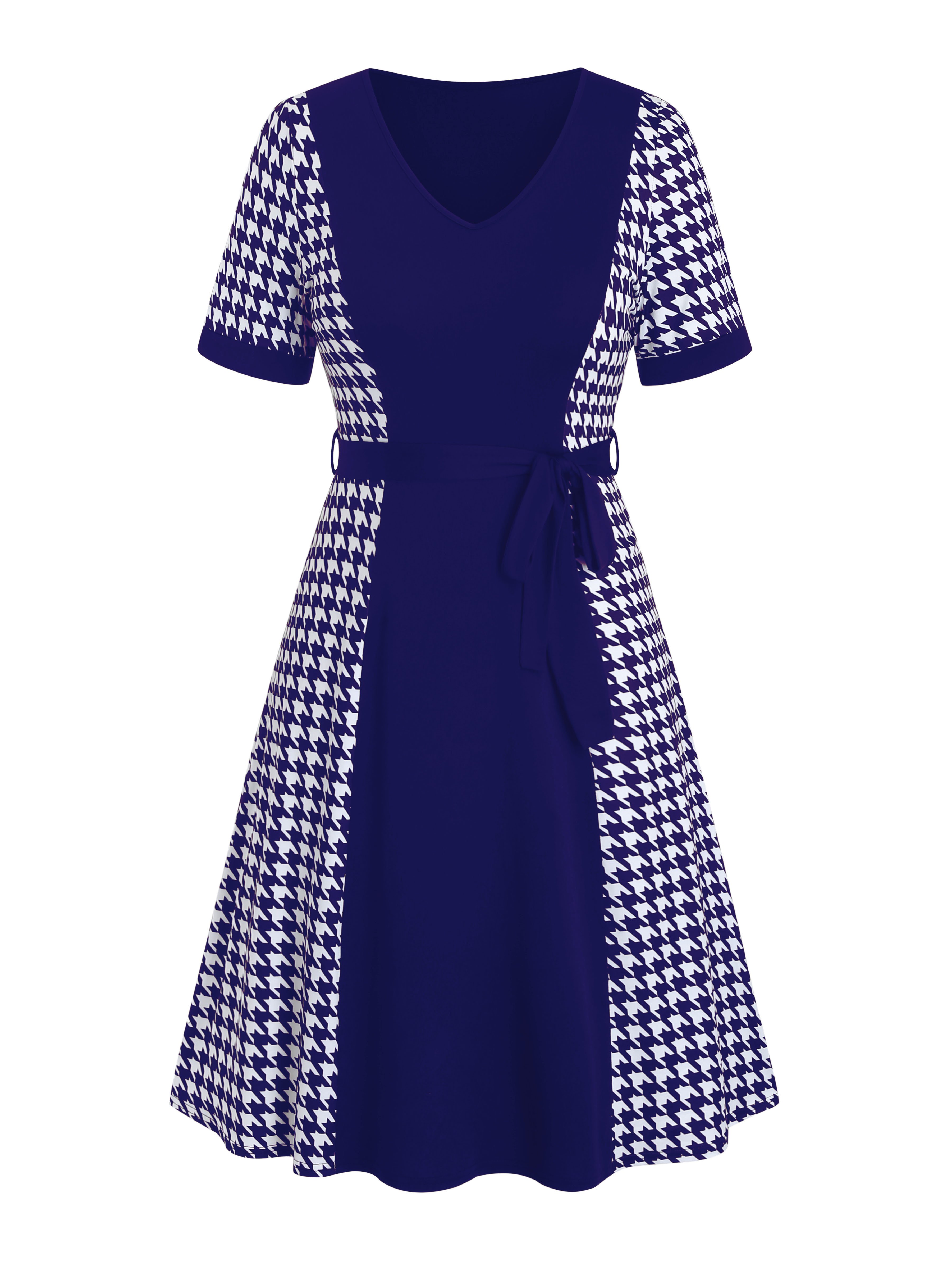 Custom OEM ODM career ladies Houndstooth jacquard Belted Dress summer V Neck Short Sleeve knitted Dress