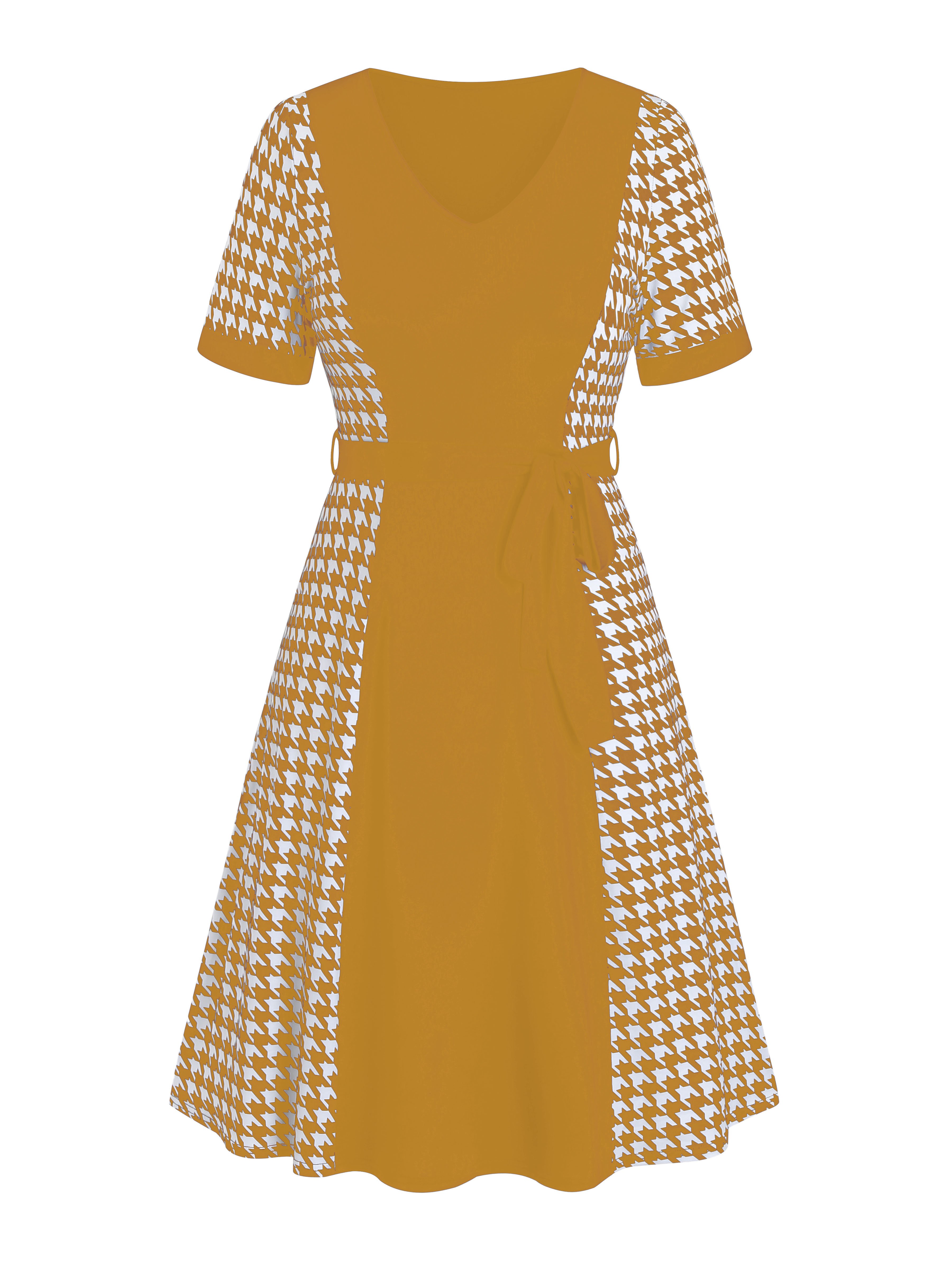 Custom OEM ODM career ladies Houndstooth jacquard Belted Dress summer V Neck Short Sleeve knitted Dress