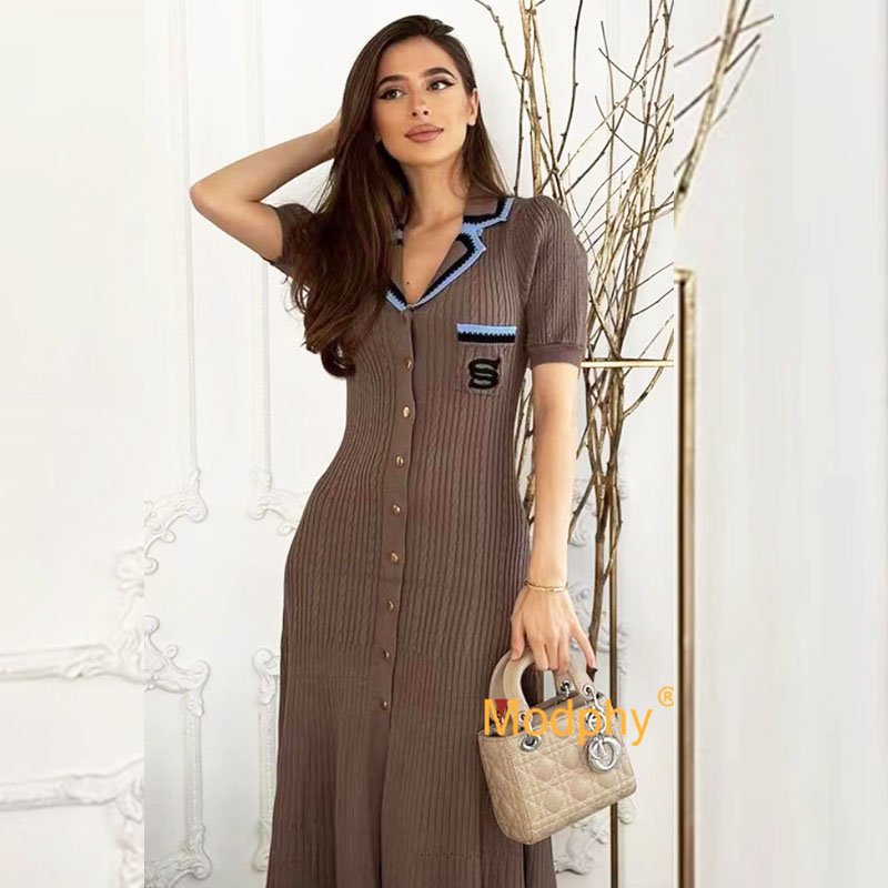 2024 New simple ruffle knitted dress casual slim V neck strap dress for women