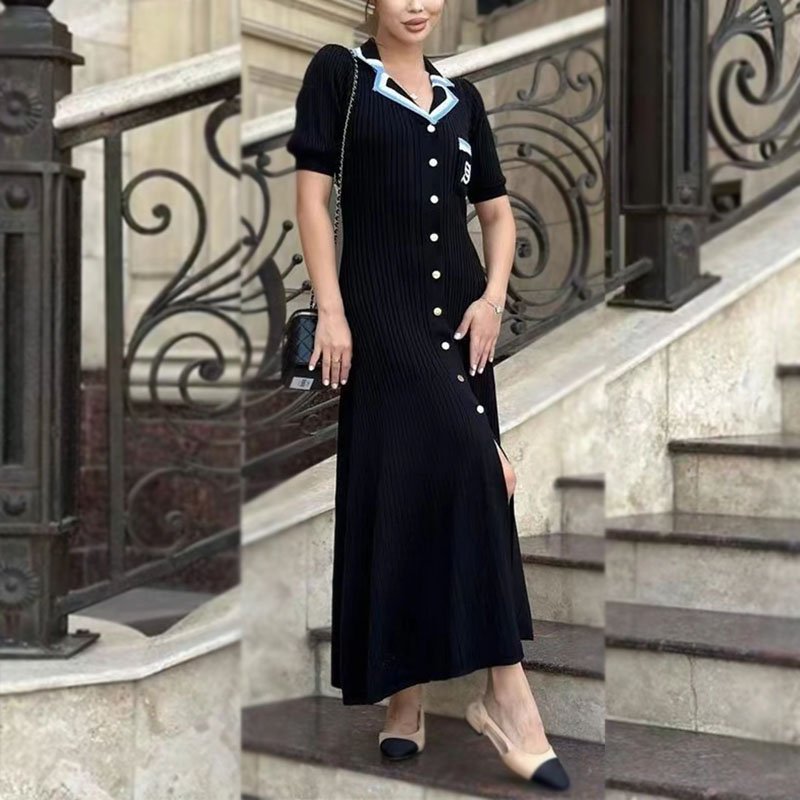 2024 New simple ruffle knitted dress casual slim V neck strap dress for women