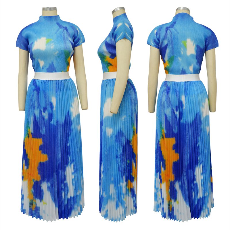 summer 2023 issey modest women short sleeve top t shirt and pleated maxi long skirt 2 piece set women floral dress 2023 clothing