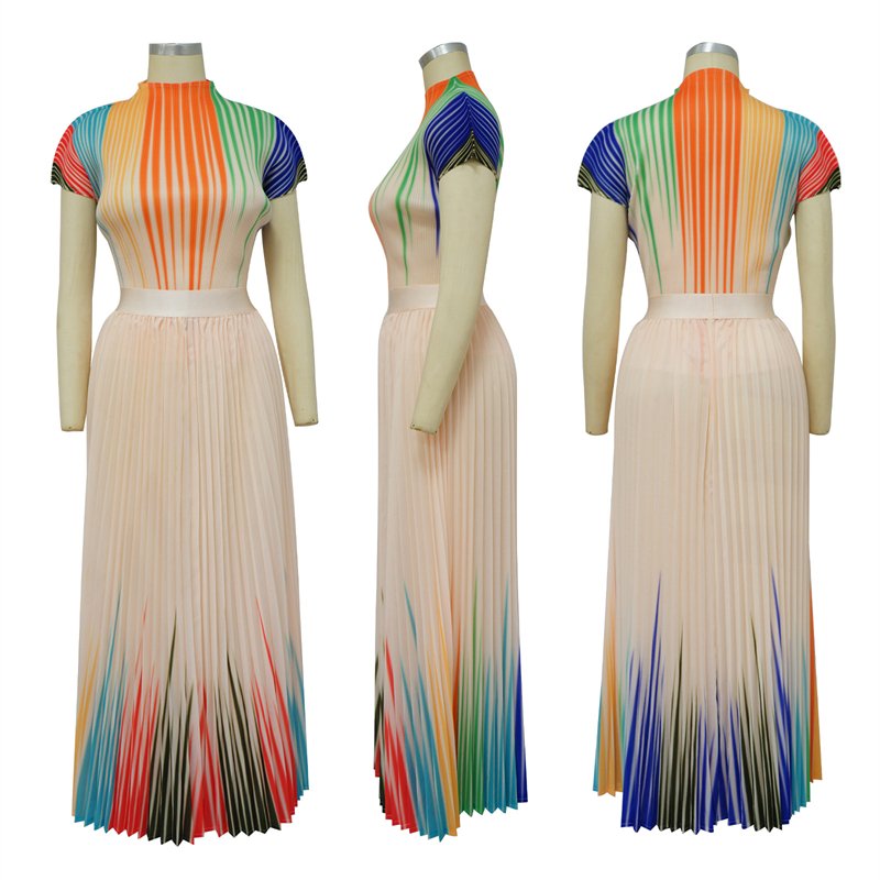 summer 2023 issey modest women short sleeve top t shirt and pleated maxi long skirt 2 piece set women floral dress 2023 clothing