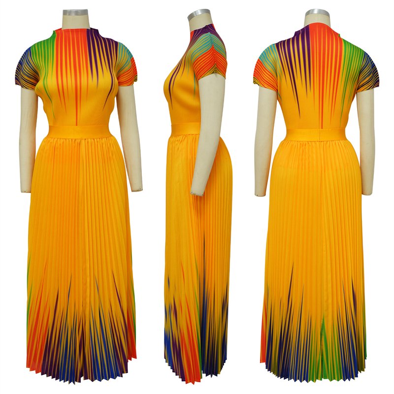 summer 2023 issey modest women short sleeve top t shirt and pleated maxi long skirt 2 piece set women floral dress 2023 clothing