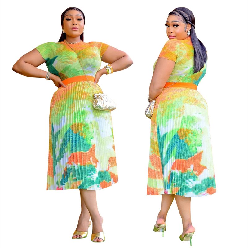 summer 2023 issey modest women short sleeve top t shirt and pleated maxi long skirt 2 piece set women floral dress 2023 clothing