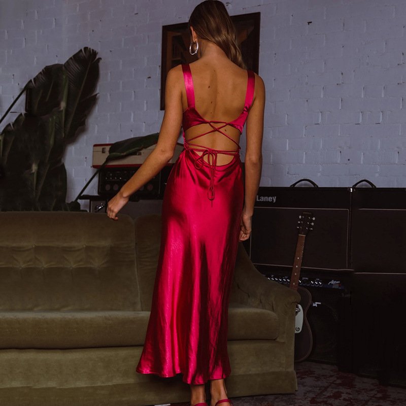 Custom New Arrival 2023 Summer Ladies Fashion Tank Top with Skirt Backless Satin Silk Women Elegant Slit Long Casual Dress