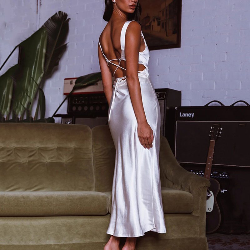 Custom New Arrival 2023 Summer Ladies Fashion Tank Top with Skirt Backless Satin Silk Women Elegant Slit Long Casual Dress