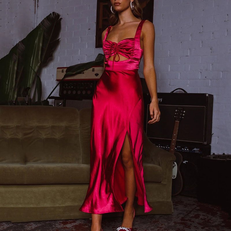 Custom New Arrival 2023 Summer Ladies Fashion Tank Top with Skirt Backless Satin Silk Women Elegant Slit Long Casual Dress
