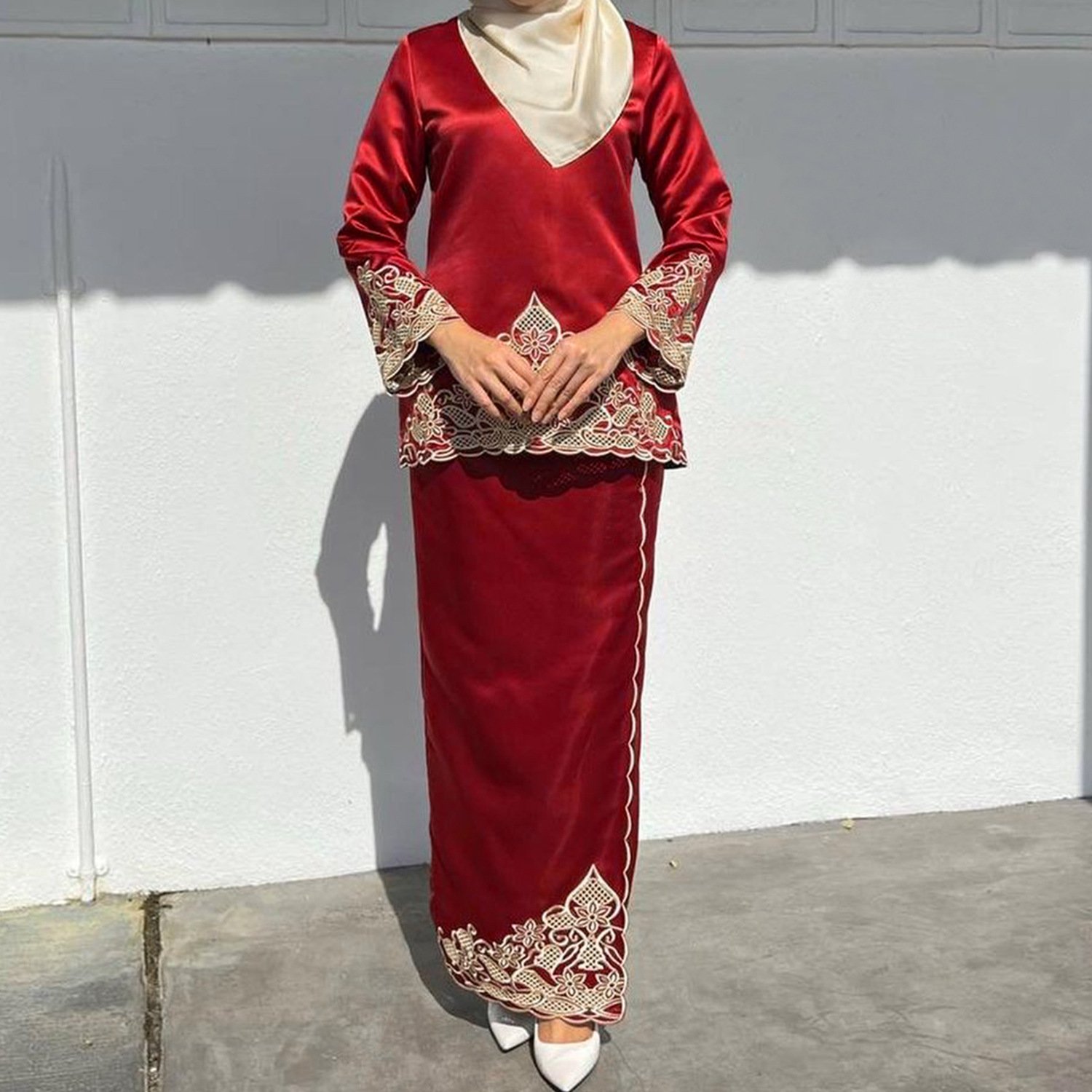 Malay Exquisite Embroidery Middle East Women Clothes 2-piece Set High Quality Satin Fabric Muslim Abaya Elegant Casual Dress