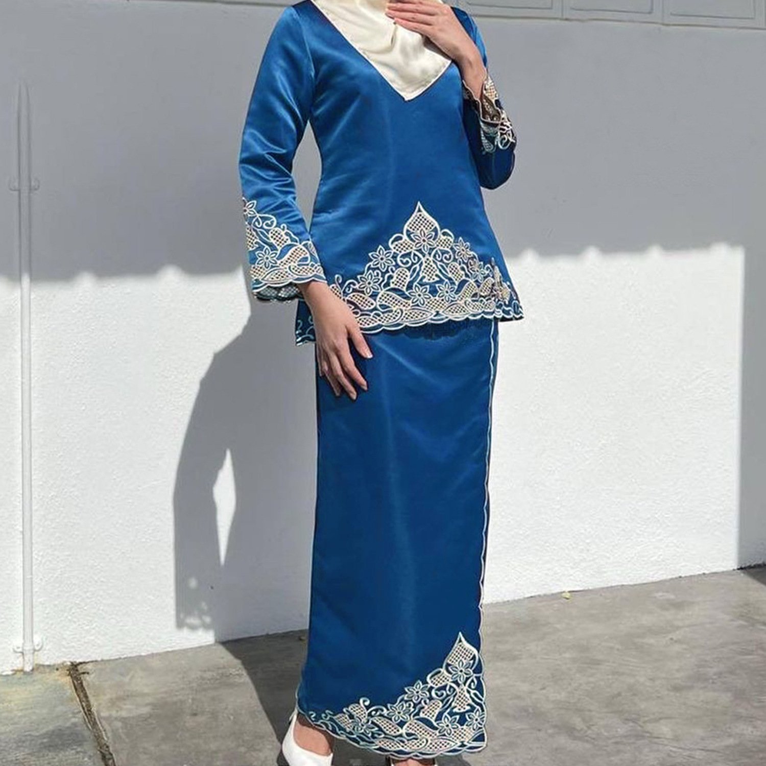 Malay Exquisite Embroidery Middle East Women Clothes 2-piece Set High Quality Satin Fabric Muslim Abaya Elegant Casual Dress