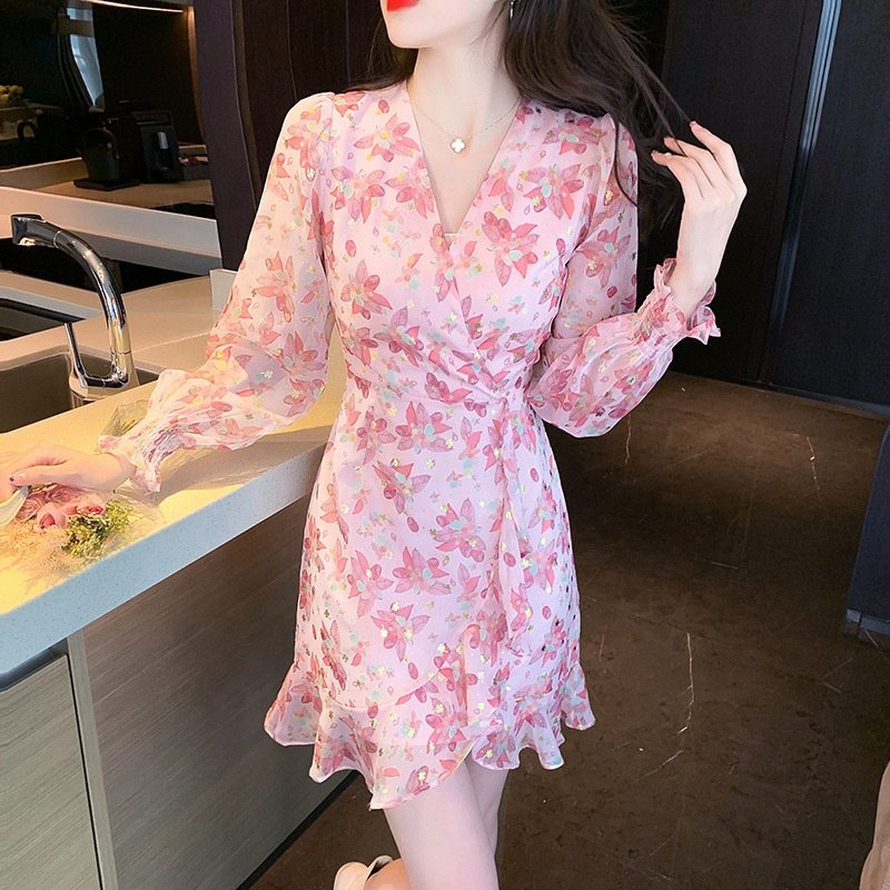New Arrivals FEON Adavanced Apparel Dresses Korean Women Floral Chiffon High Waist Fishtail A-line Cocktail Party Mini Dress