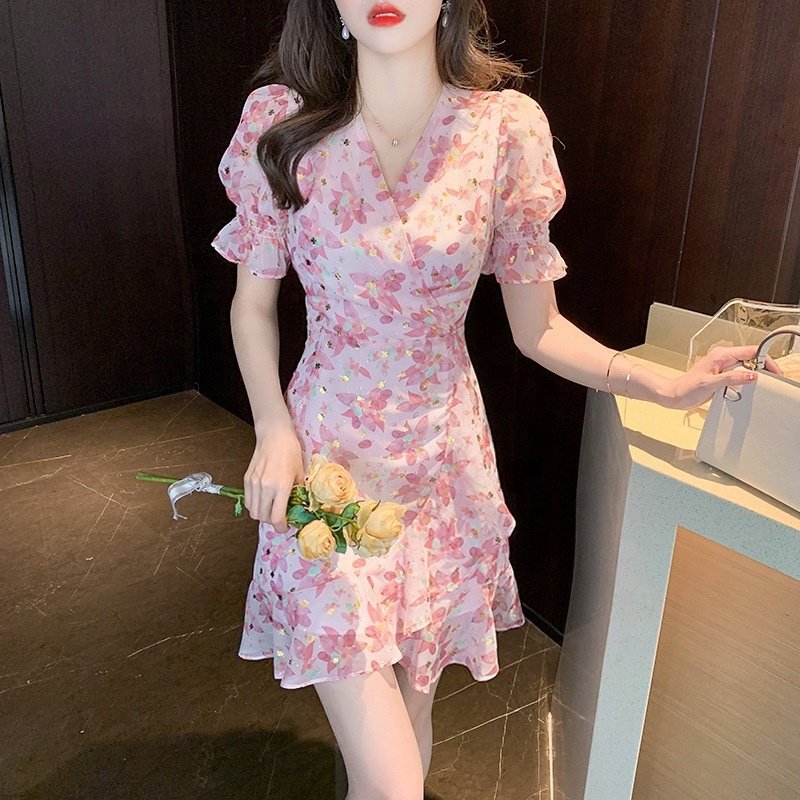 New Arrivals FEON Adavanced Apparel Dresses Korean Women Floral Chiffon High Waist Fishtail A-line Cocktail Party Mini Dress