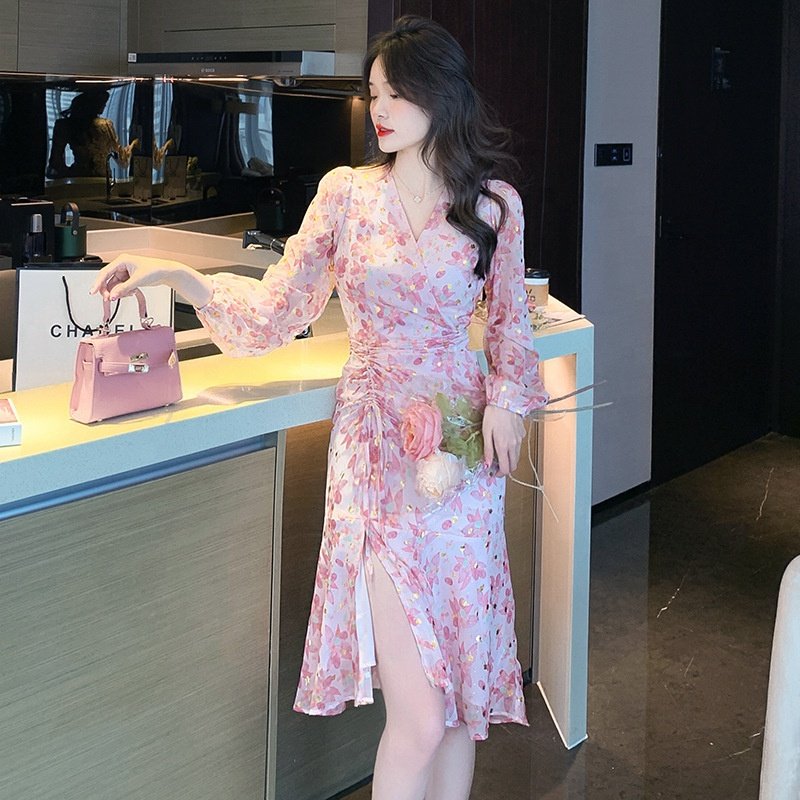 New Arrivals FEON Adavanced Apparel Dresses Korean Women Floral Chiffon High Waist Fishtail A-line Cocktail Party Mini Dress