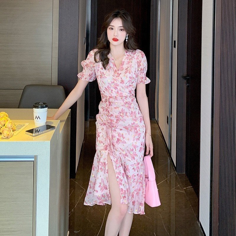 New Arrivals FEON Adavanced Apparel Dresses Korean Women Floral Chiffon High Waist Fishtail A-line Cocktail Party Mini Dress