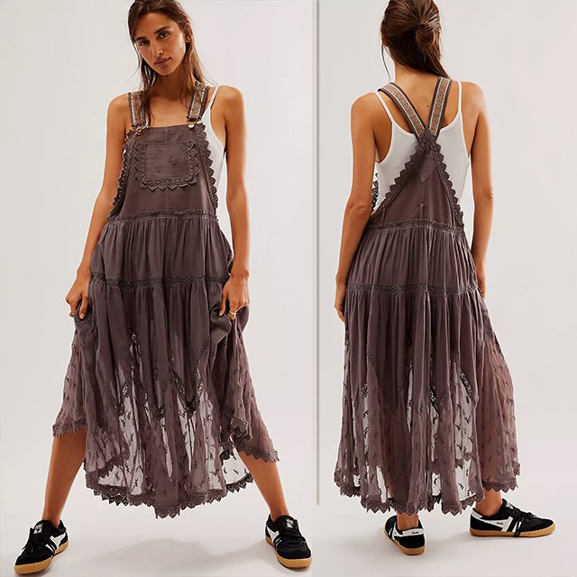 Customized Wholesale women's dresses bib-and-brace silhouette and tiered skirt embroidered piecing throughout