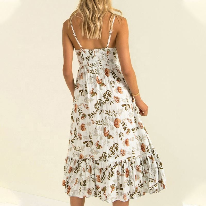 2022 women High Waist Short Sleeved V Neck Casual Midi Printing women Long Dress Boho Casual Floral Casual dress Spring