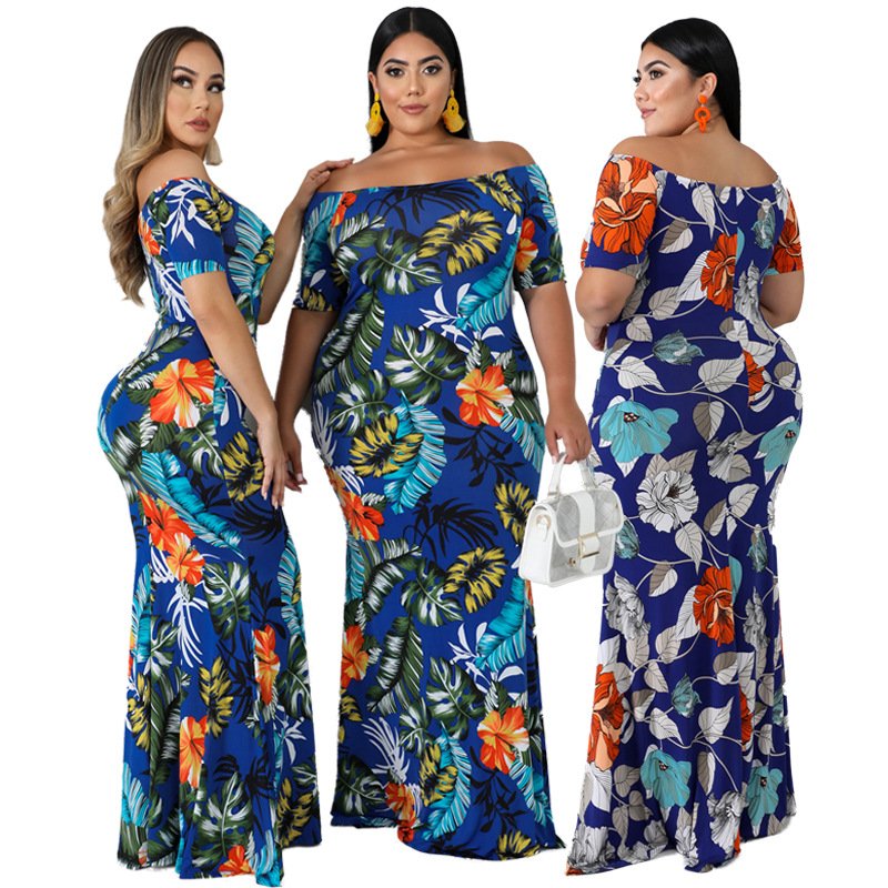 Large size women's loose dress Lady elegant print strapless chest wrap breathable comfortable dress