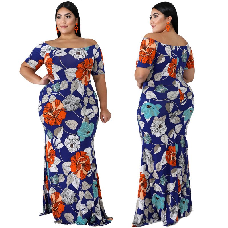 Large size women's loose dress Lady elegant print strapless chest wrap breathable comfortable dress