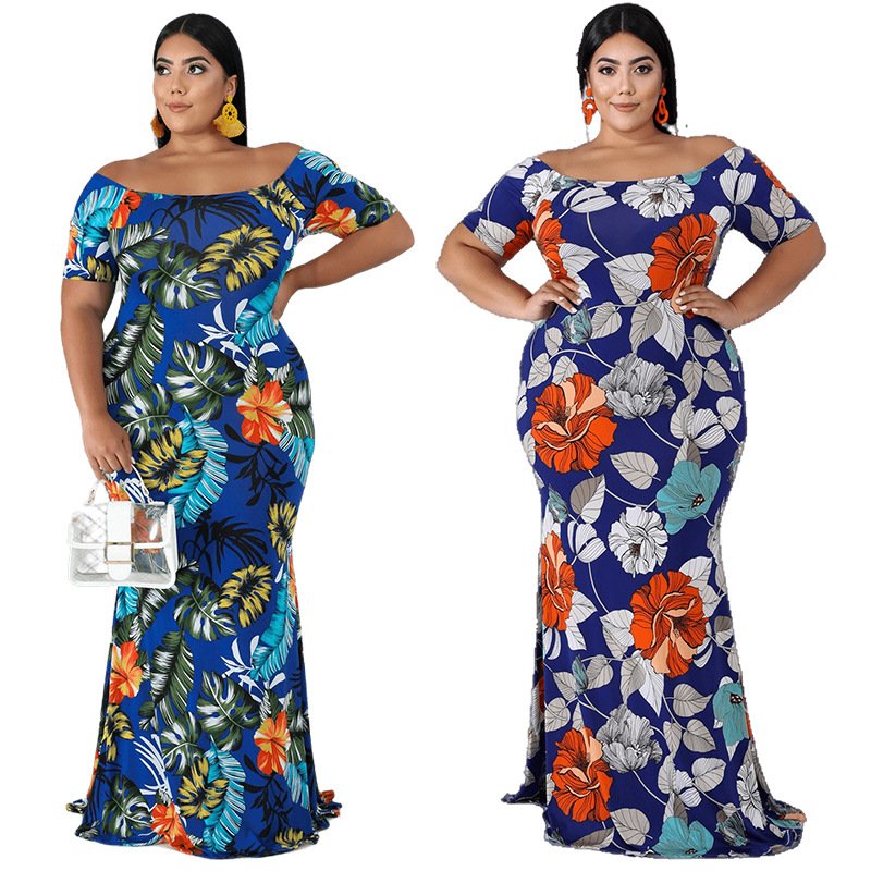 Large size women's loose dress Lady elegant print strapless chest wrap breathable comfortable dress