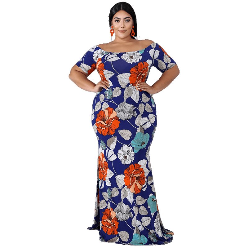 Large size women's loose dress Lady elegant print strapless chest wrap breathable comfortable dress
