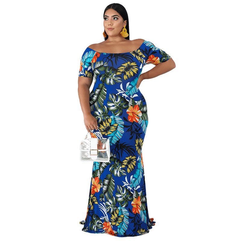 Large size women's loose dress Lady elegant print strapless chest wrap breathable comfortable dress