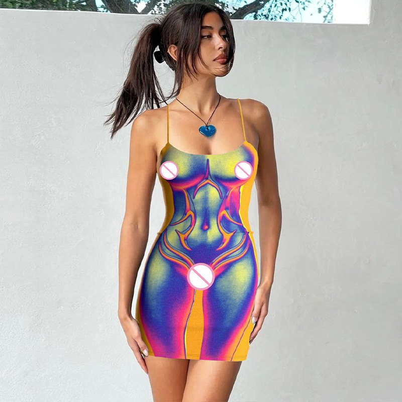 B27385 fashion body print strap backless spaghetti sexy sleeveless women mini dress