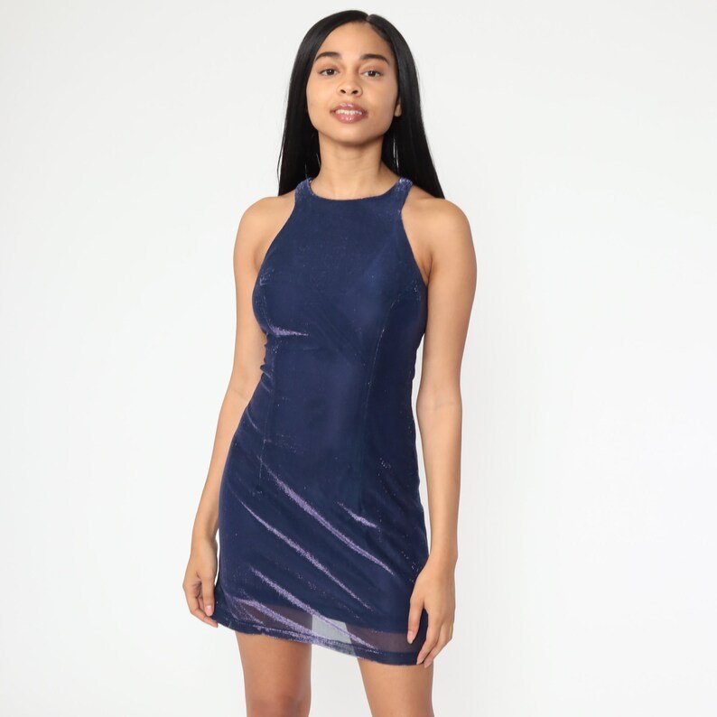 Fashion Party Blue Metallic Mini Club Dress Raver Iridescent Y2K Tank Sparkly Racerback Vintage Sleeveless Extra Small xs Dress