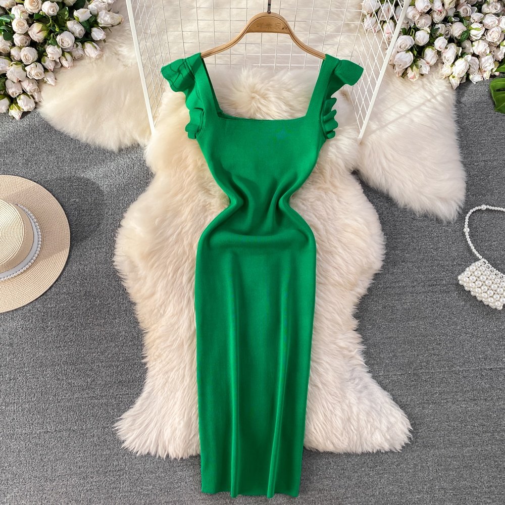 Summer New Square Collar Fashion Sleeveless Casual Knit Slim Splicing Women's Dresses