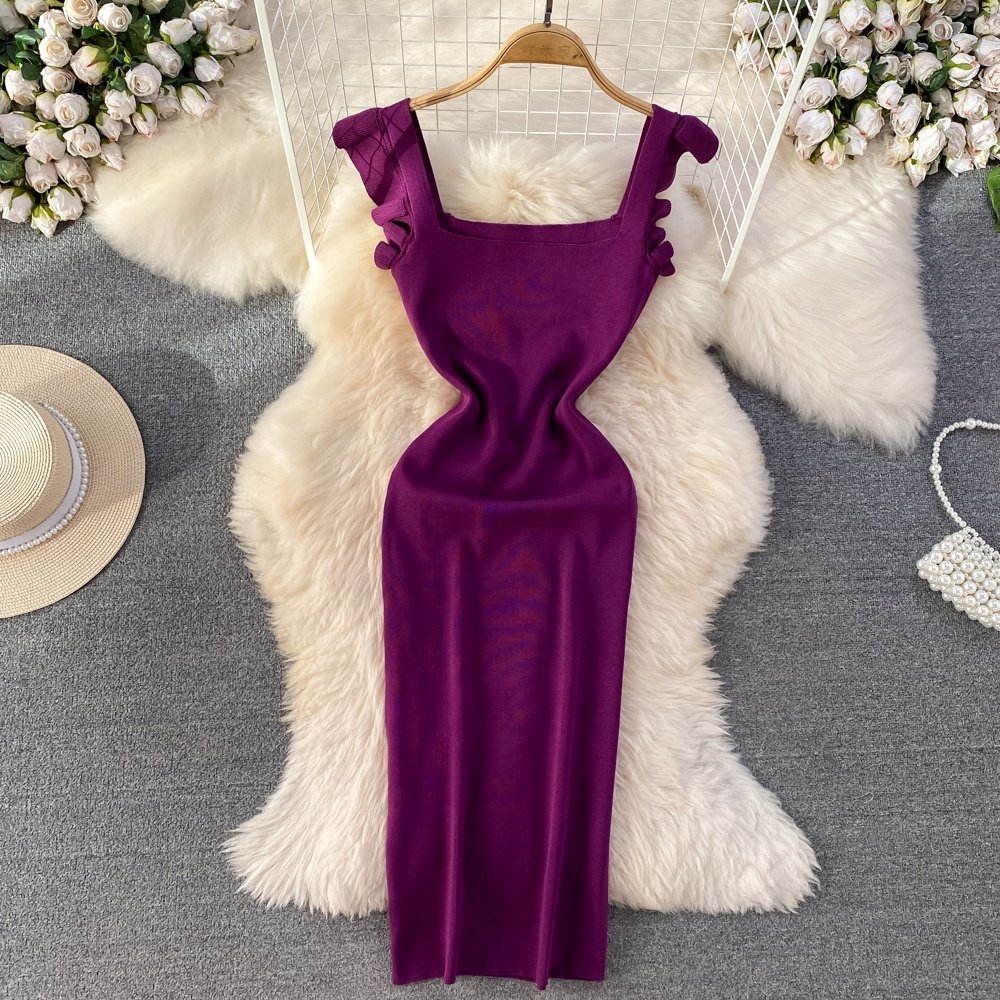 Summer New Square Collar Fashion Sleeveless Casual Knit Slim Splicing Women's Dresses