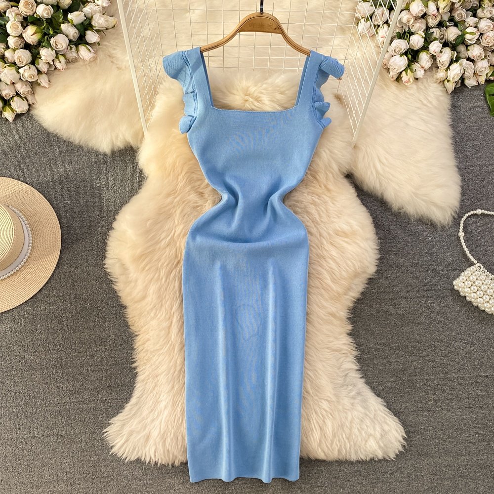 Summer New Square Collar Fashion Sleeveless Casual Knit Slim Splicing Women's Dresses
