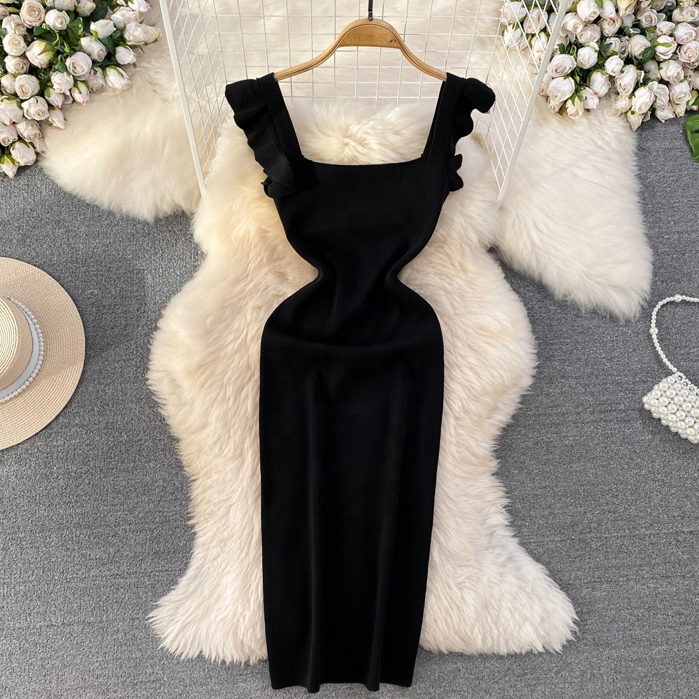 Summer New Square Collar Fashion Sleeveless Casual Knit Slim Splicing Women's Dresses